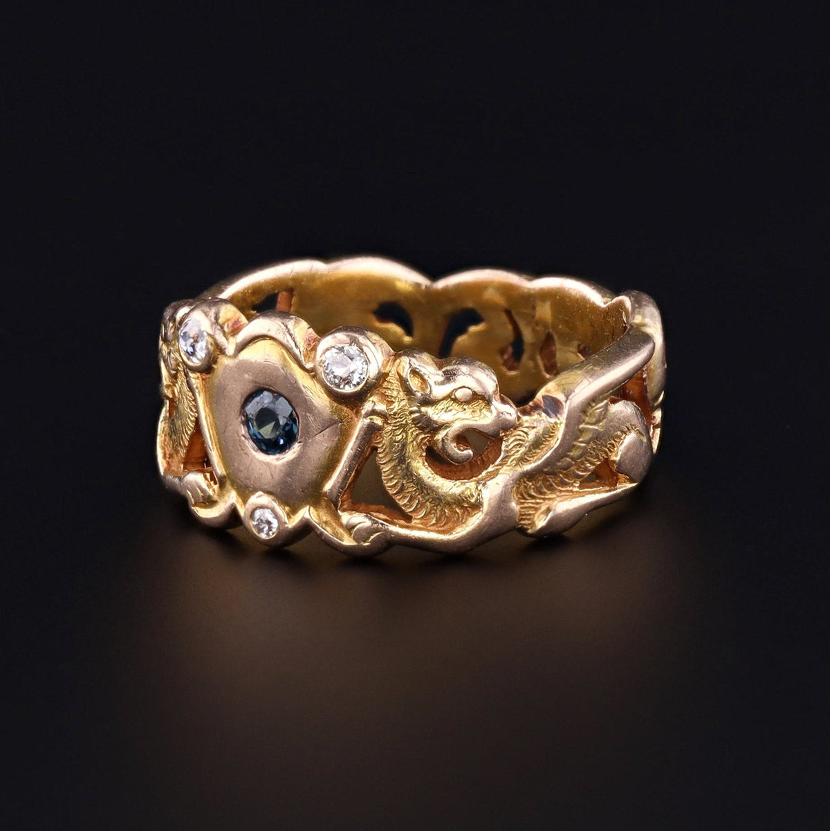 Antique Griffin Ring | 14k Gold Sapphire &amp; Diamond Ring - Trademark Antiques