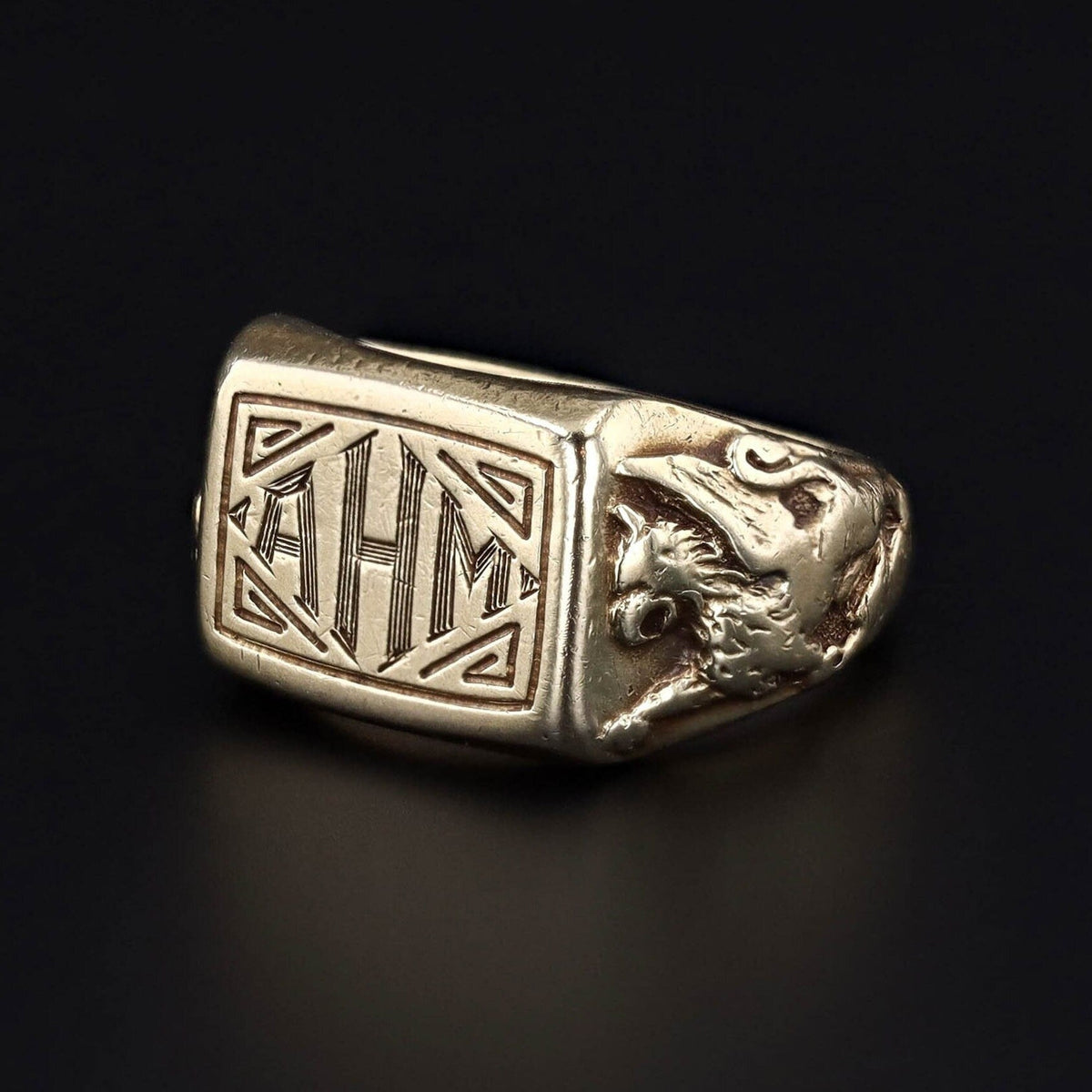 Antique Griffin Signet Ring with Initials AHM in 14k Gold - Trademark Antiques