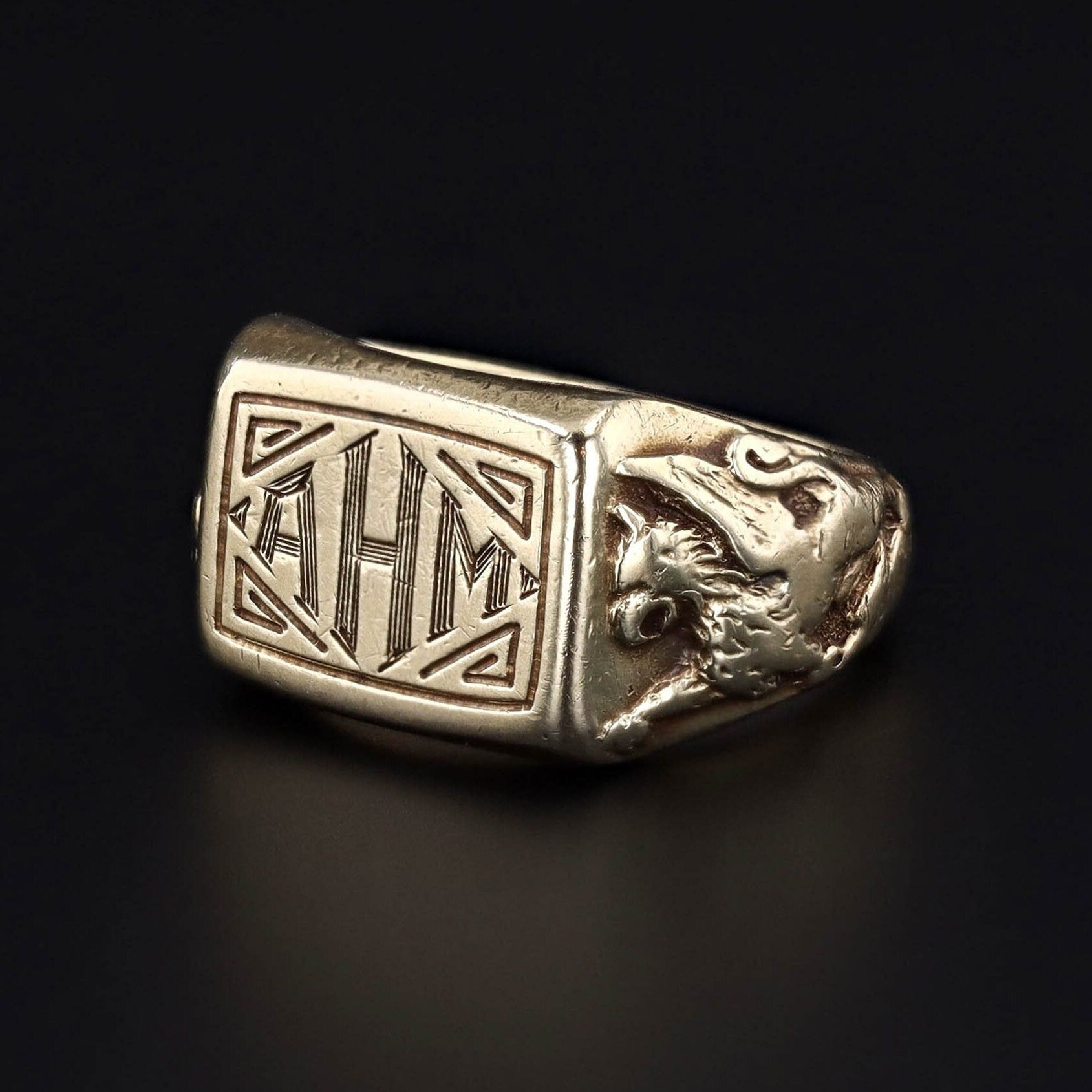 Ahm Initals Antique Griffin Signet Ring with Initials AHM in 14k Gold - Trademark ...