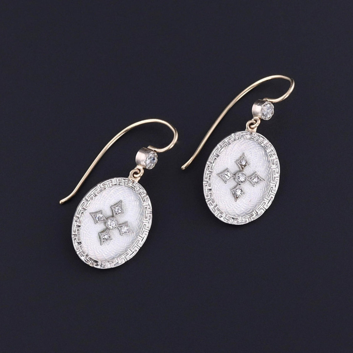 Antique Guilloche Enamel and Diamond Conversion Earrings - Trademark Antiques