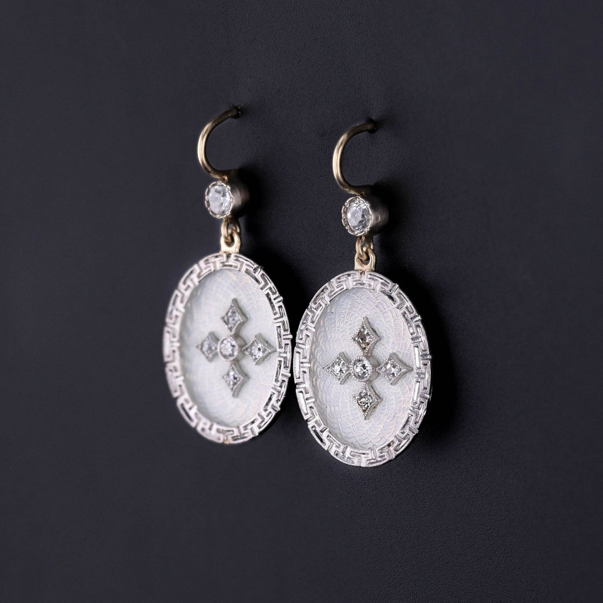Antique Guilloche Enamel and Diamond Conversion Earrings - Trademark Antiques