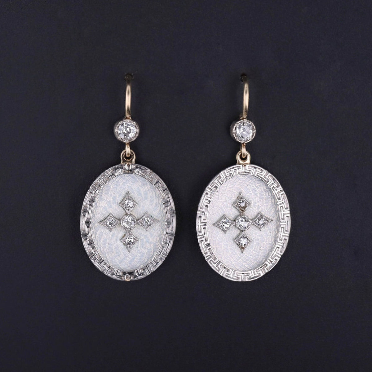 Antique Guilloche Enamel and Diamond Conversion Earrings - Trademark Antiques