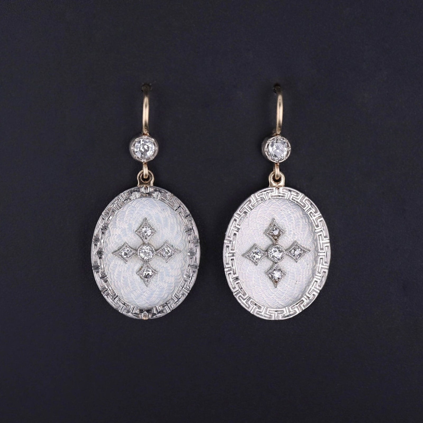 Antique Guilloche Enamel and Diamond Conversion Earrings - Trademark Antiques