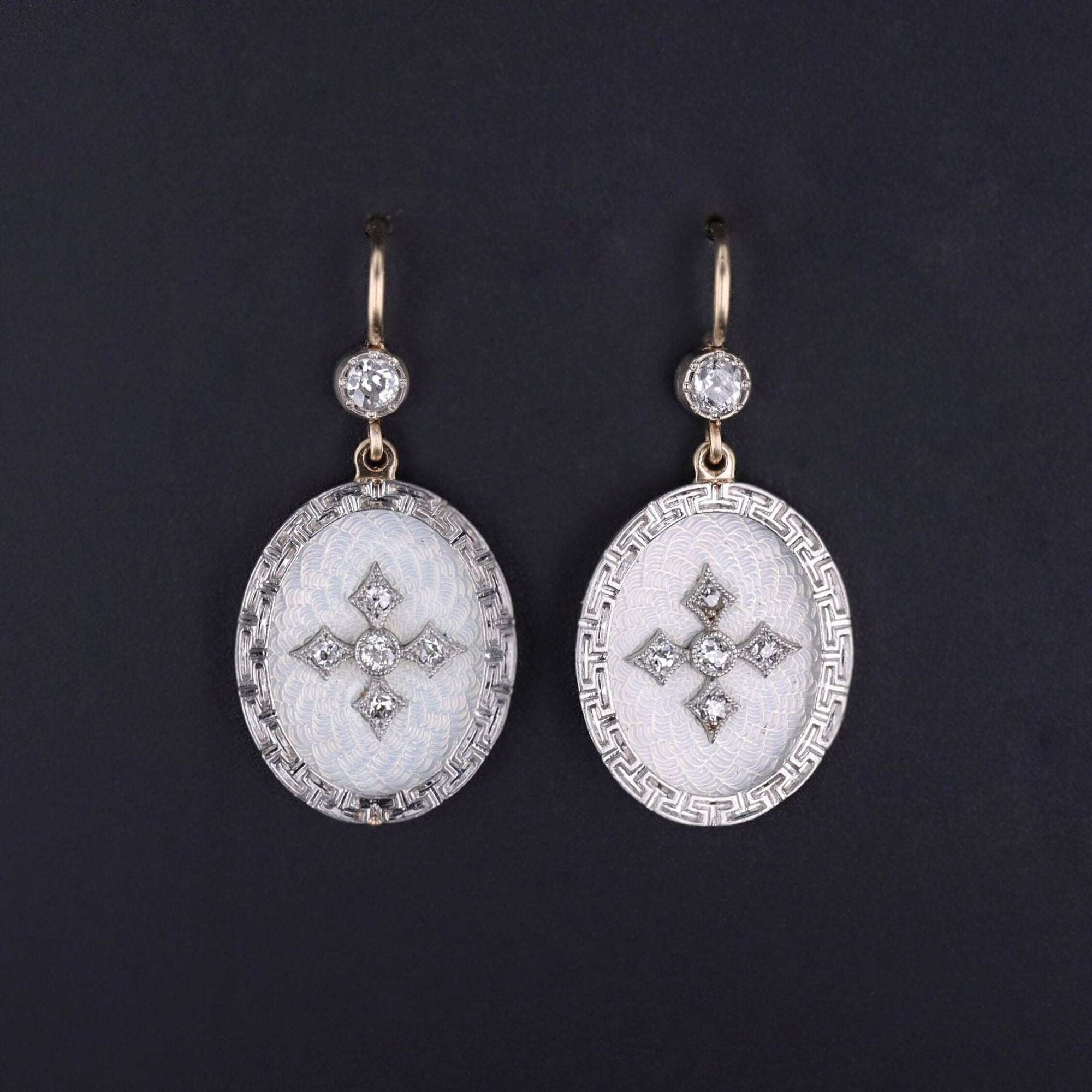 Antique Guilloche Enamel and Diamond Conversion Earrings - Trademark Antiques