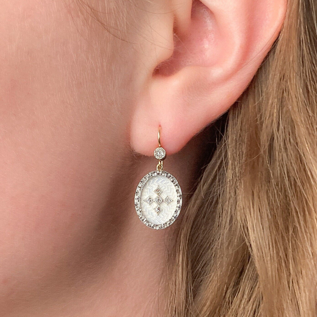 Antique Guilloche Enamel and Diamond Conversion Earrings - Trademark Antiques