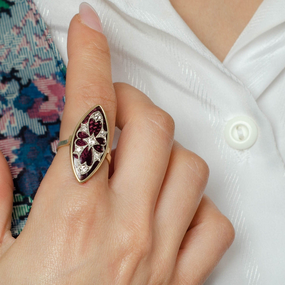 Antique Guilloche Enamel and Diamond Conversion Ring of 14k Gold - Trademark Antiques