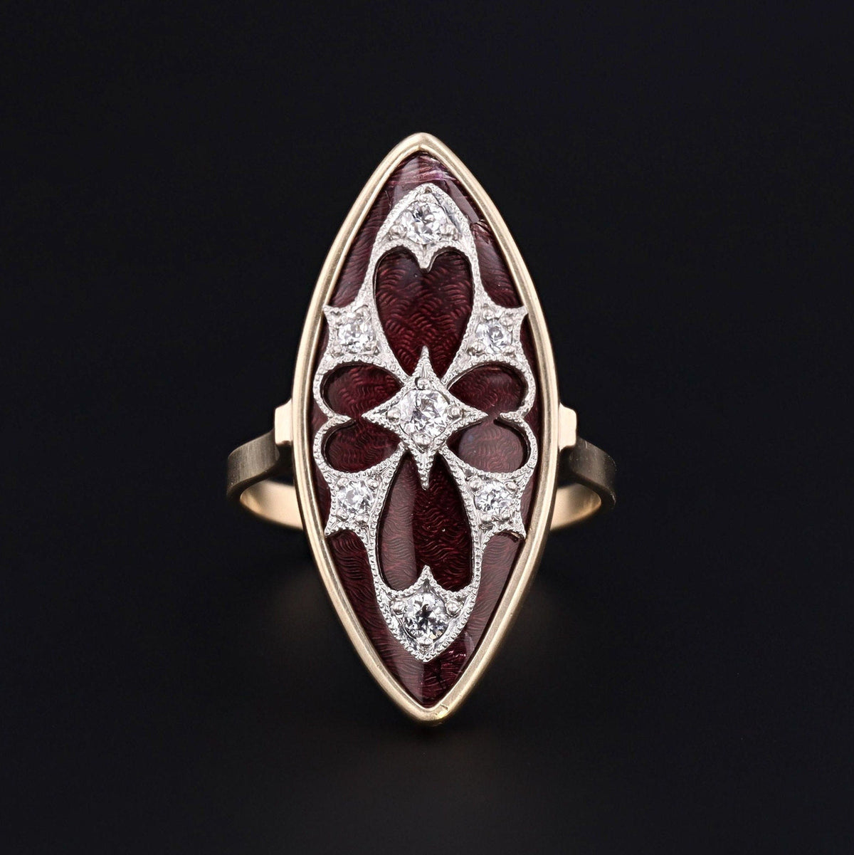 Antique Guilloche Enamel and Diamond Conversion Ring of 14k Gold - Trademark Antiques