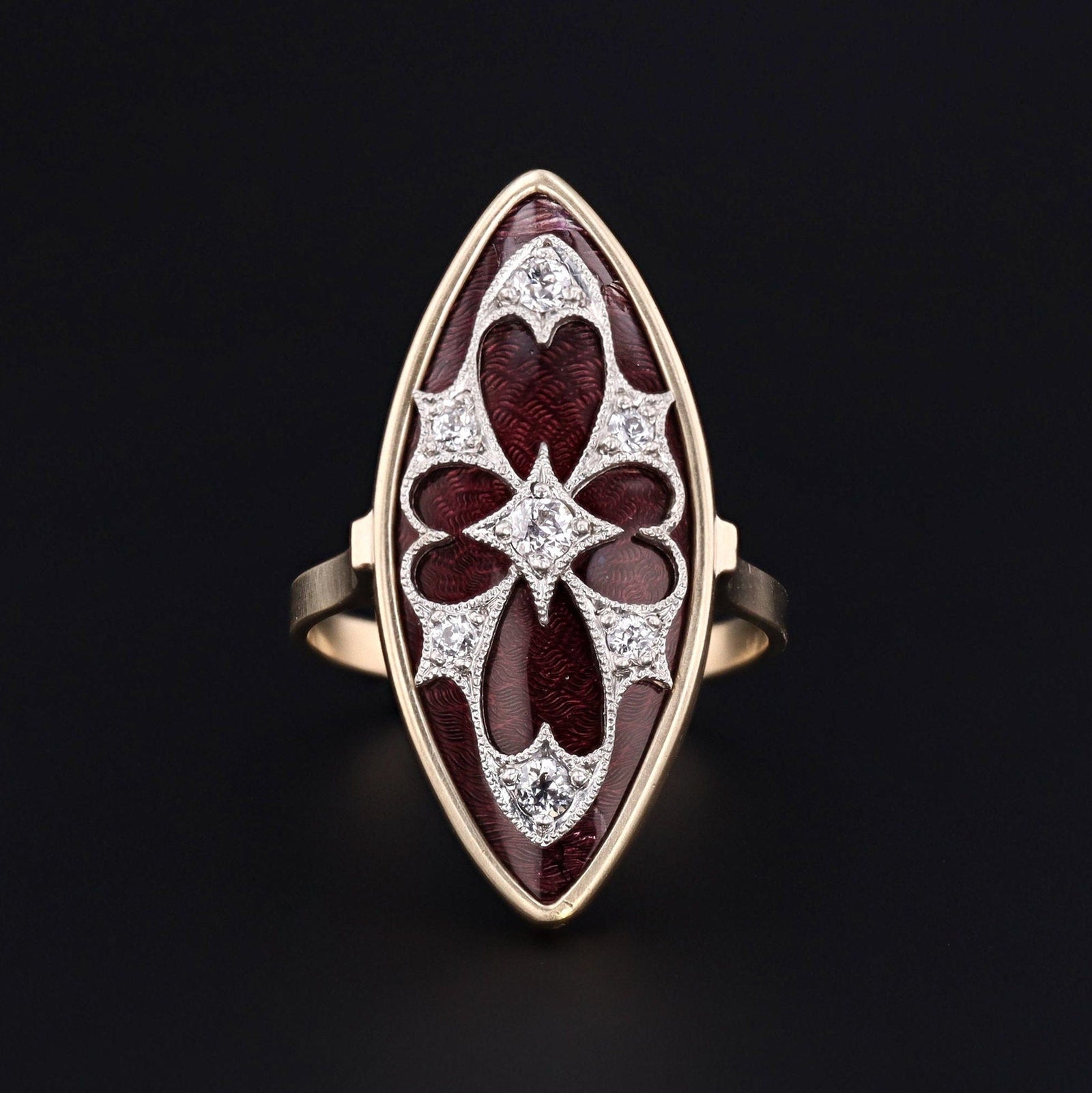 Antique Guilloche Enamel and Diamond Conversion Ring of 14k Gold - Trademark Antiques