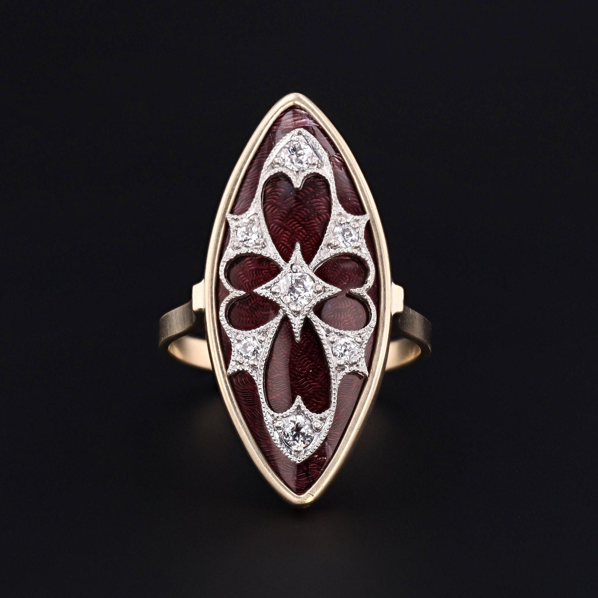 Antique Guilloche Enamel and Diamond Conversion Ring of 14k Gold - Trademark Antiques