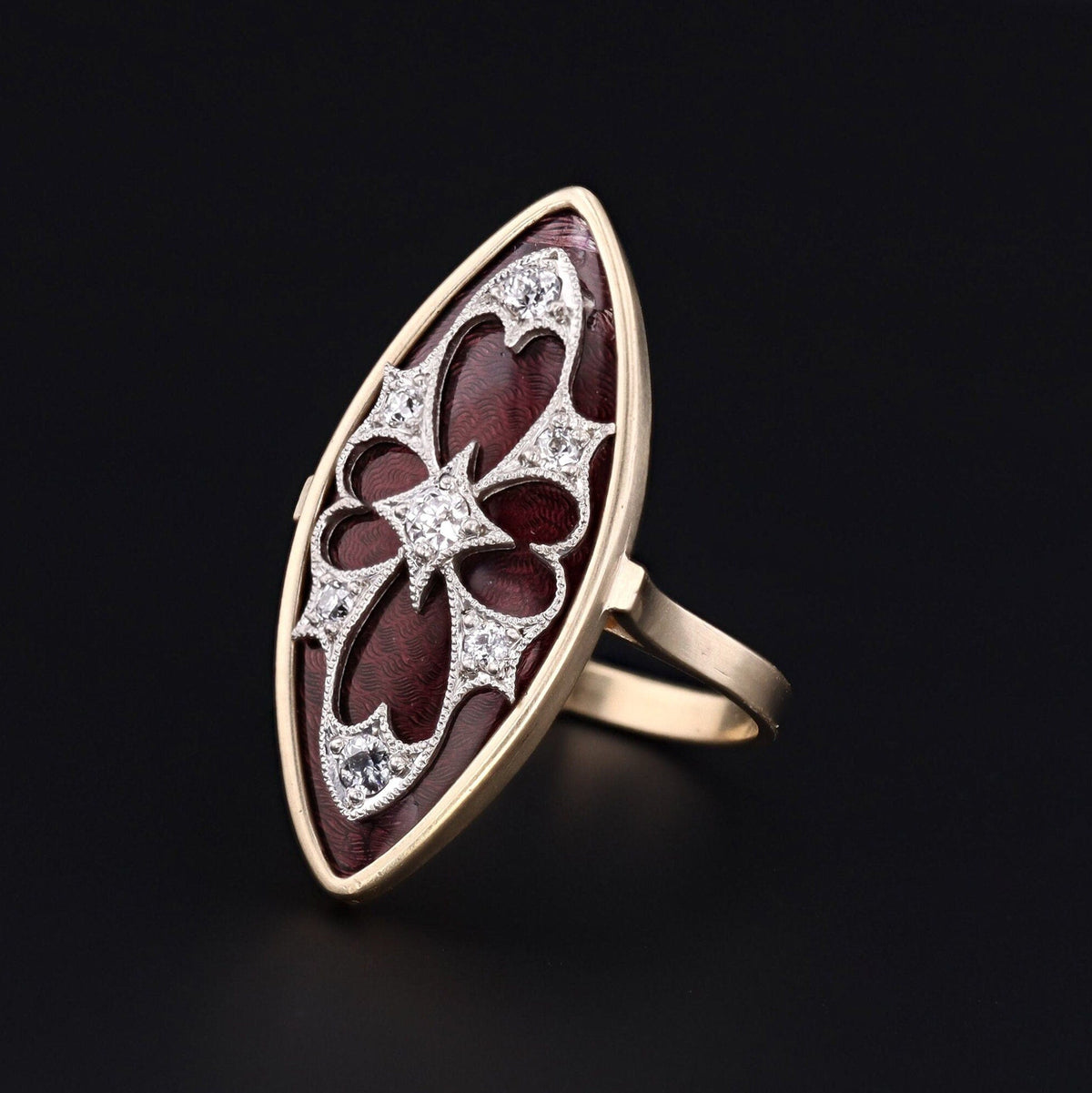 Antique Guilloche Enamel and Diamond Conversion Ring of 14k Gold - Trademark Antiques