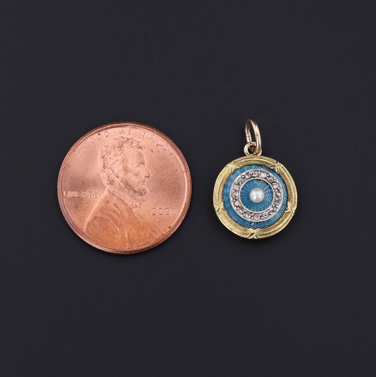 Antique Guilloche Enamel Diamond &amp; Pearl Charm | Antique Pin Conversion Pendant - Trademark Antiques