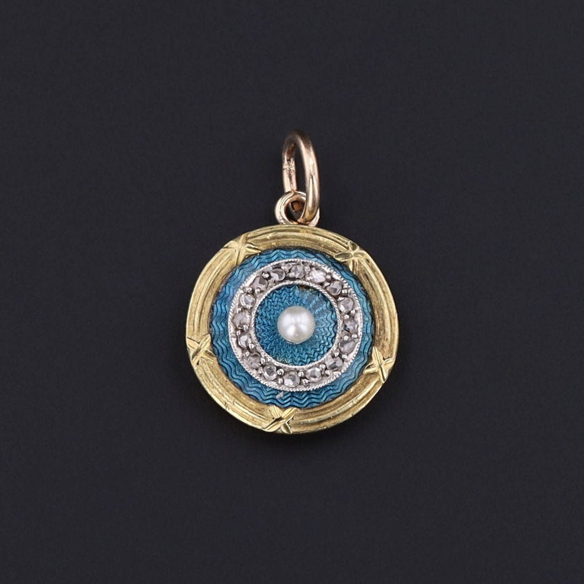Antique Guilloche Enamel Diamond &amp; Pearl Charm | Antique Pin Conversion Pendant - Trademark Antiques