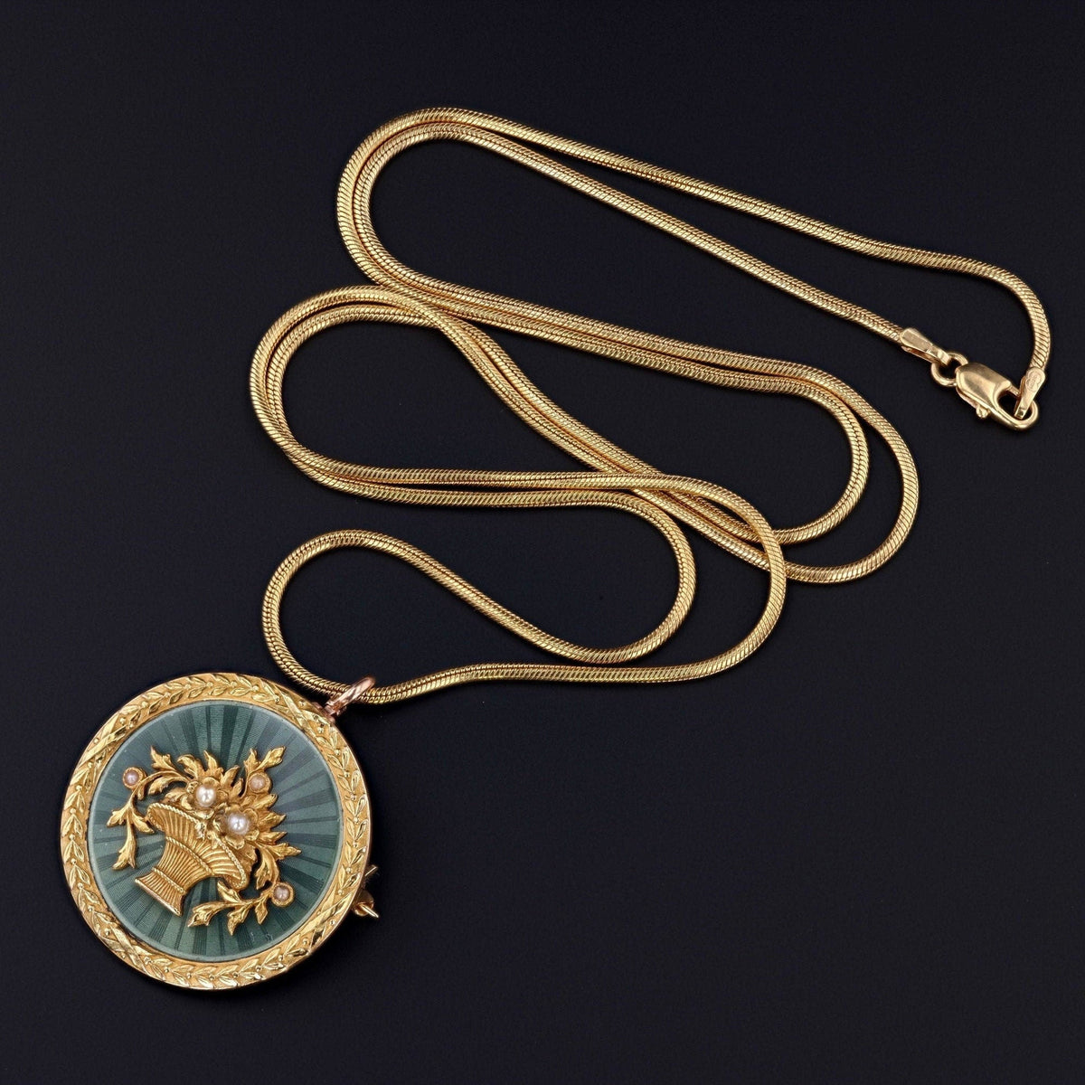Antique Guilloche Enamel Flower Basket Pendant Brooch of 14k Gold - Trademark Antiques