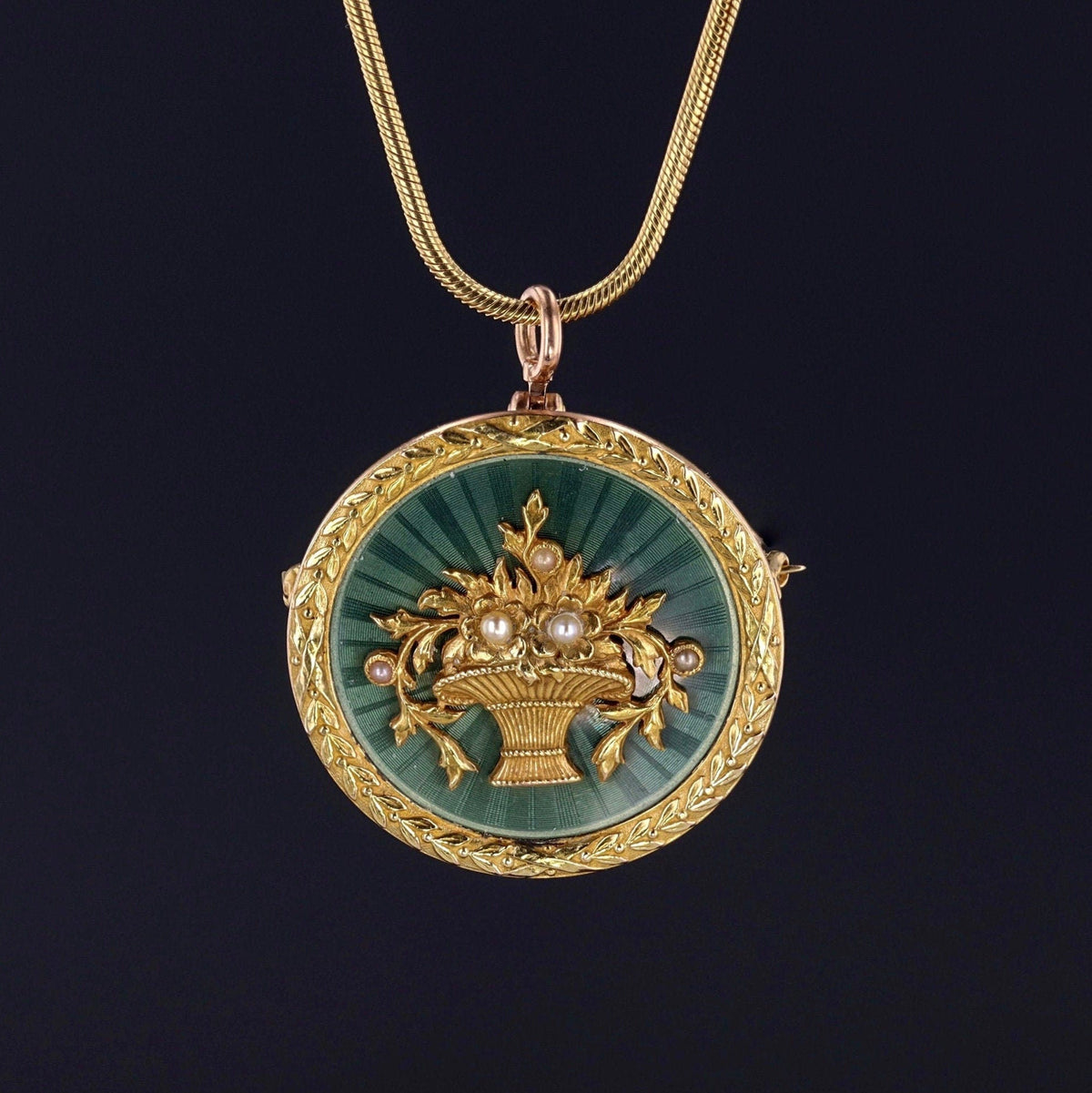 Antique Guilloche Enamel Flower Basket Pendant Brooch of 14k Gold - Trademark Antiques