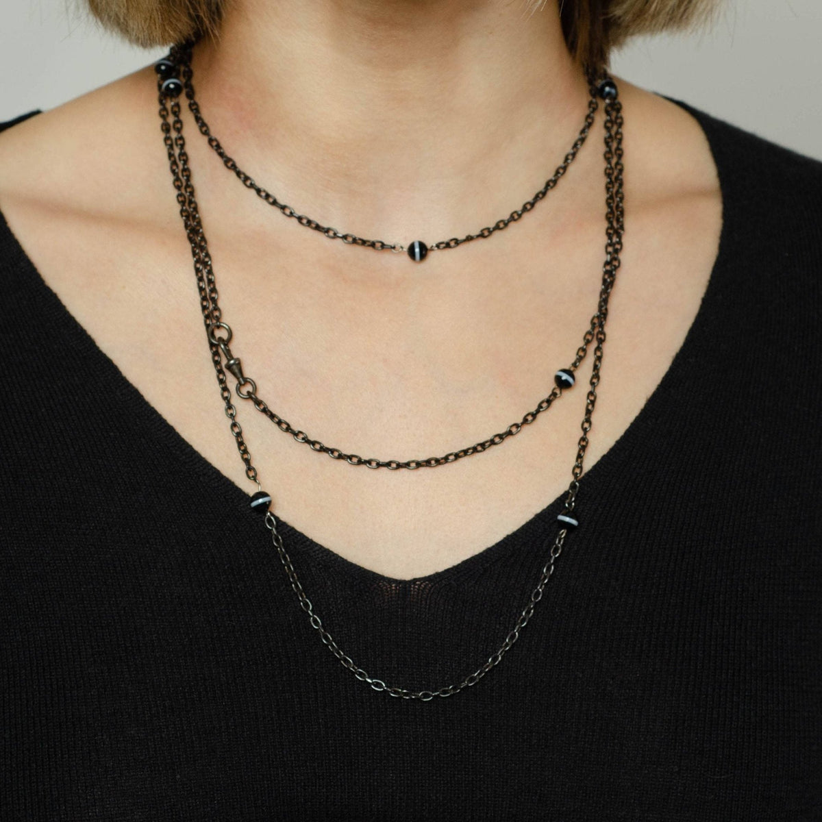 Antique Gun Metal Necklace | Antique Gun Metal Chain With Banded Agate Beads - Trademark Antiques