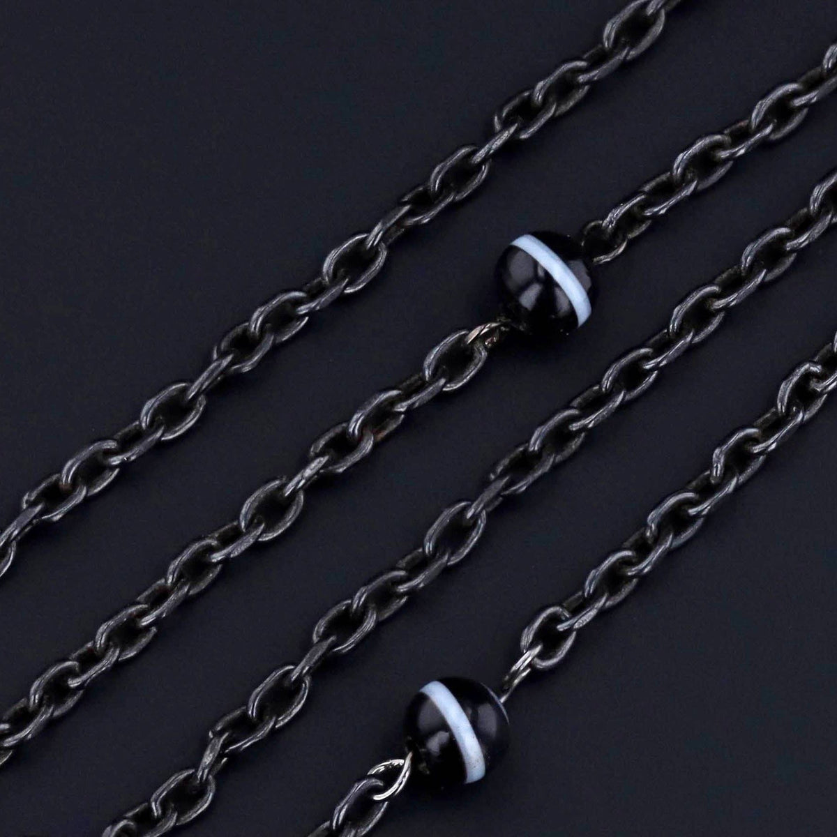 Antique Gun Metal Necklace | Antique Gun Metal Chain With Banded Agate Beads - Trademark Antiques