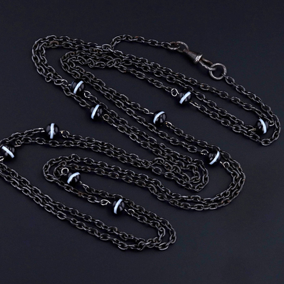 Antique Gun Metal Necklace | Antique Gun Metal Chain With Banded Agate Beads - Trademark Antiques