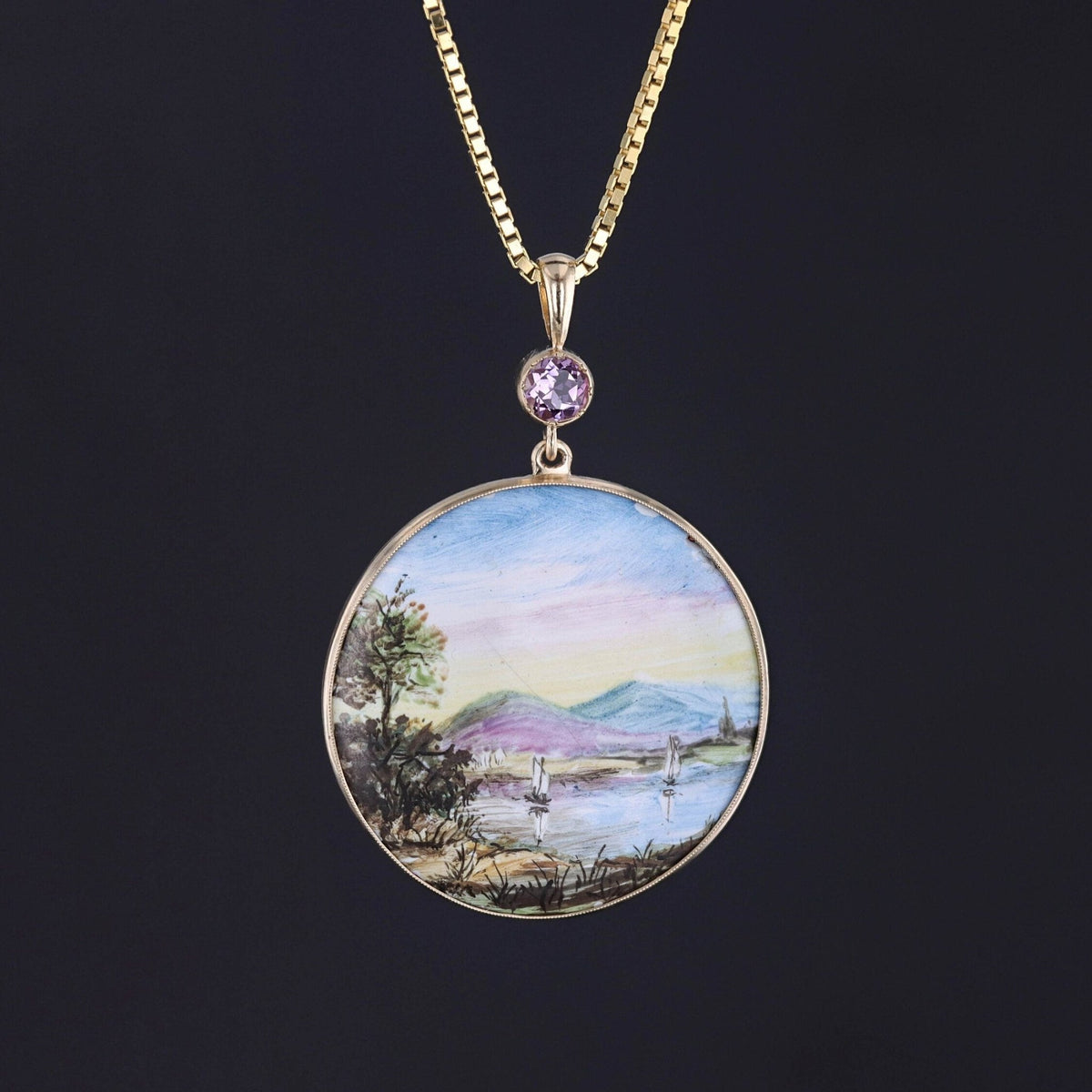 Antique Hand Painted Enamel Landscape Pendant of 14k Gold - Trademark Antiques