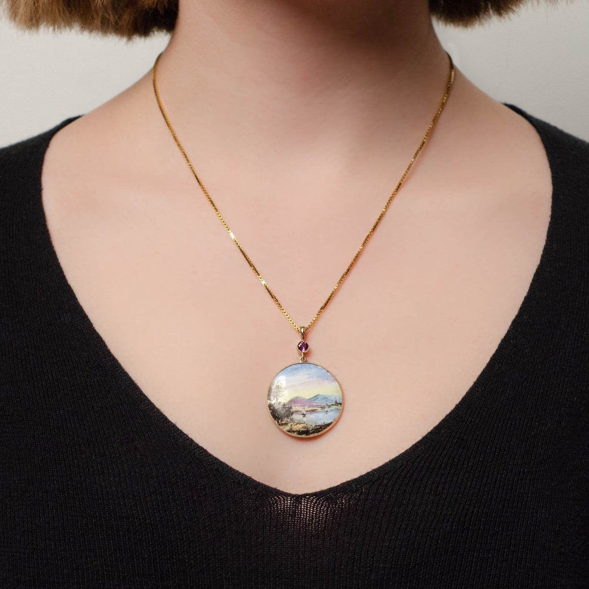 Antique Hand Painted Enamel Landscape Pendant of 14k Gold - Trademark Antiques