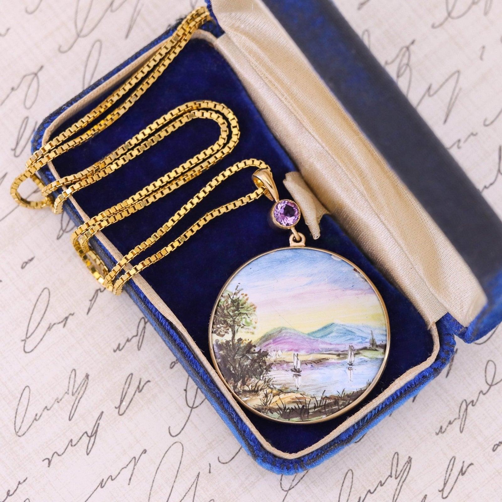 Antique Hand Painted Enamel Landscape Pendant of 14k Gold - Trademark Antiques