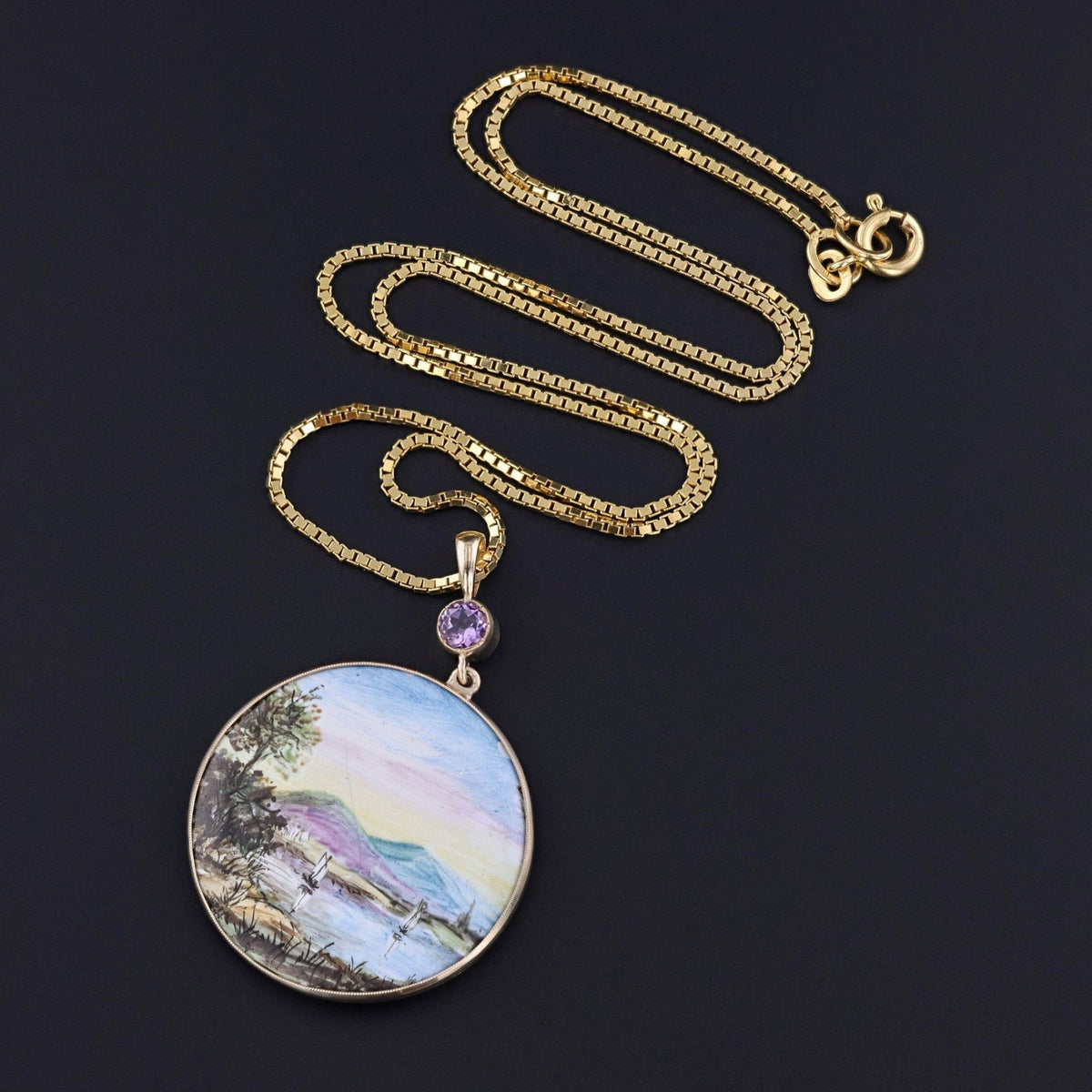 Antique Hand Painted Enamel Landscape Pendant of 14k Gold - Trademark Antiques