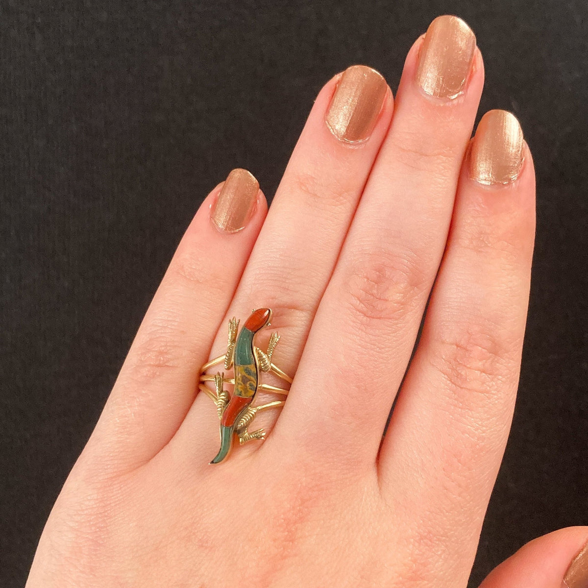 Antique Hardstone Lizard Conversion Ring of 14k Gold - Trademark Antiques