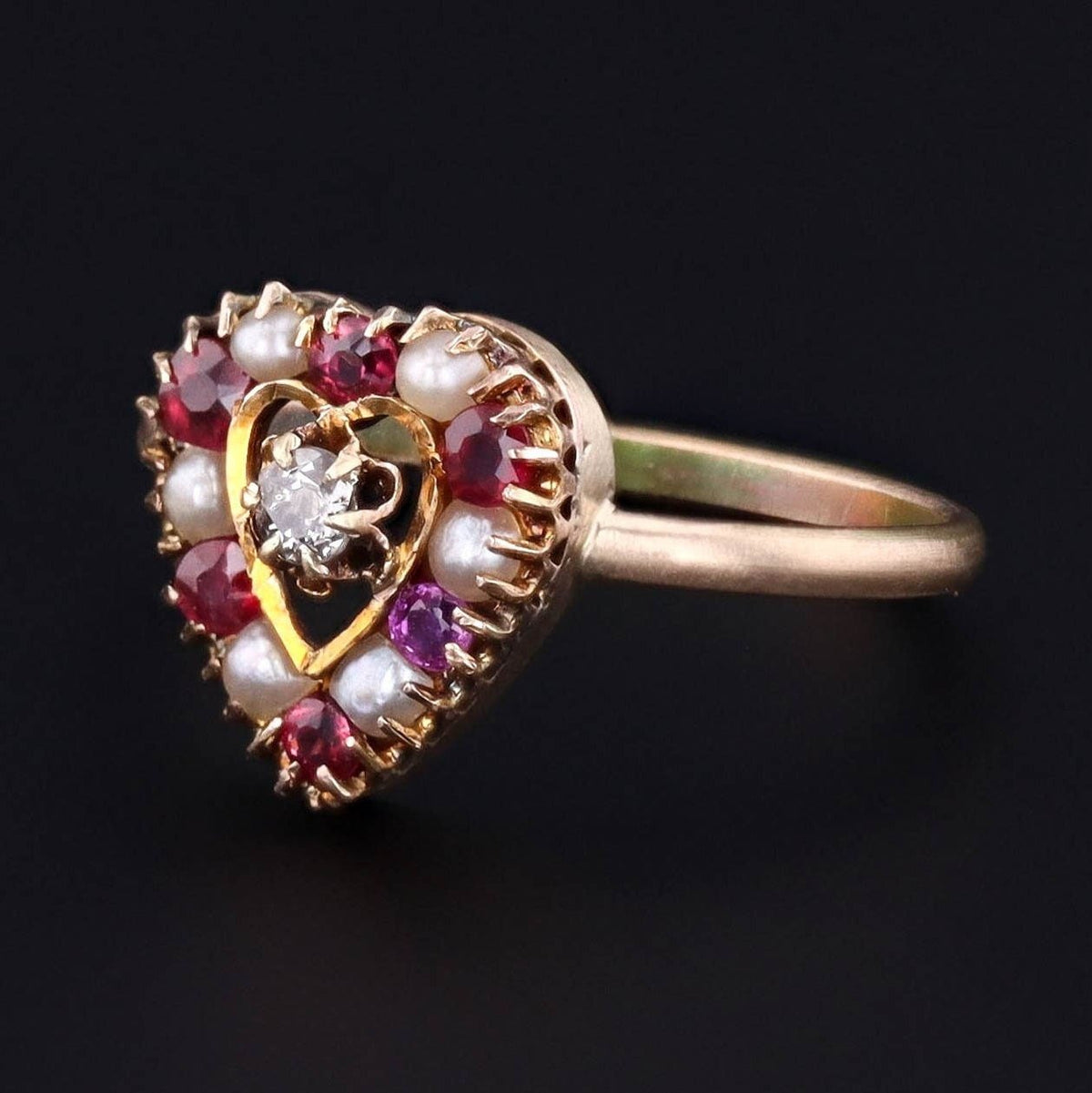 Antique Heart Ring | Red Glass Diamond and Pearl Ring - Trademark Antiques