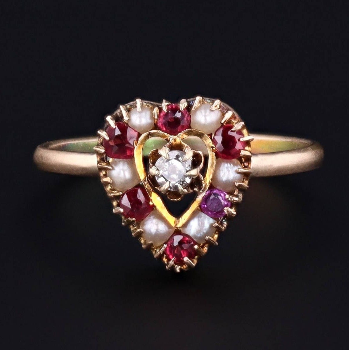 Antique Heart Ring | Red Glass Diamond and Pearl Ring - Trademark Antiques