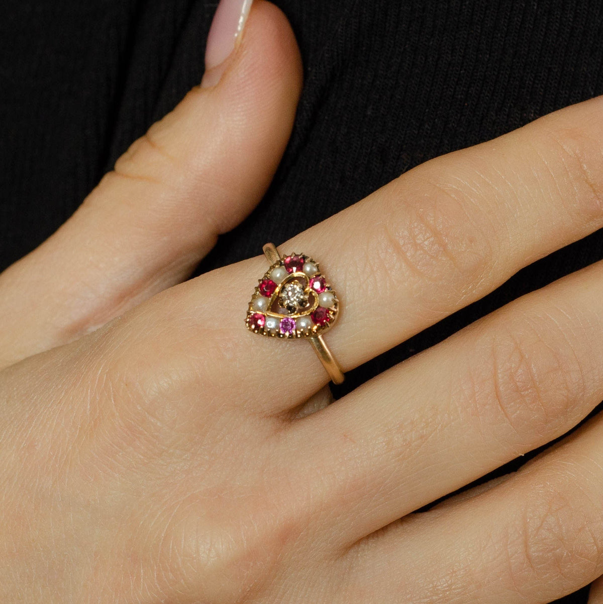 Antique Heart Ring | Red Glass Diamond and Pearl Ring - Trademark Antiques