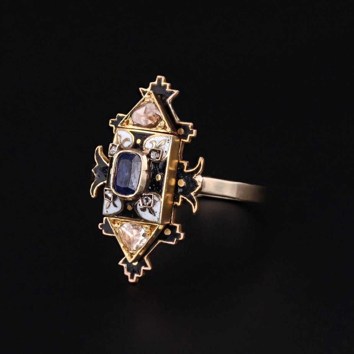 Antique Holbeinesque Sapphire Diamond and Enamel Conversion Ring - Trademark Antiques