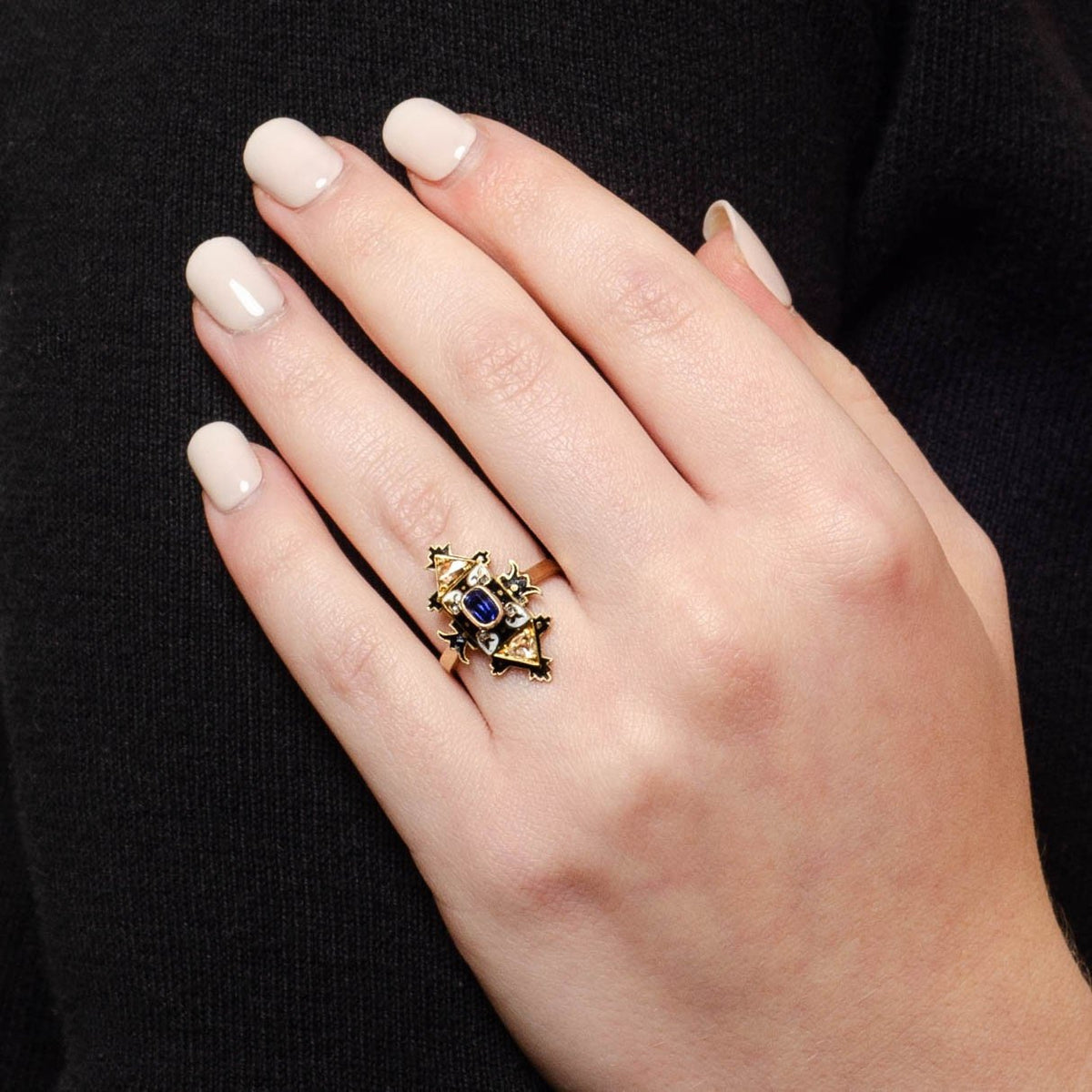 Antique Holbeinesque Sapphire Diamond and Enamel Conversion Ring - Trademark Antiques