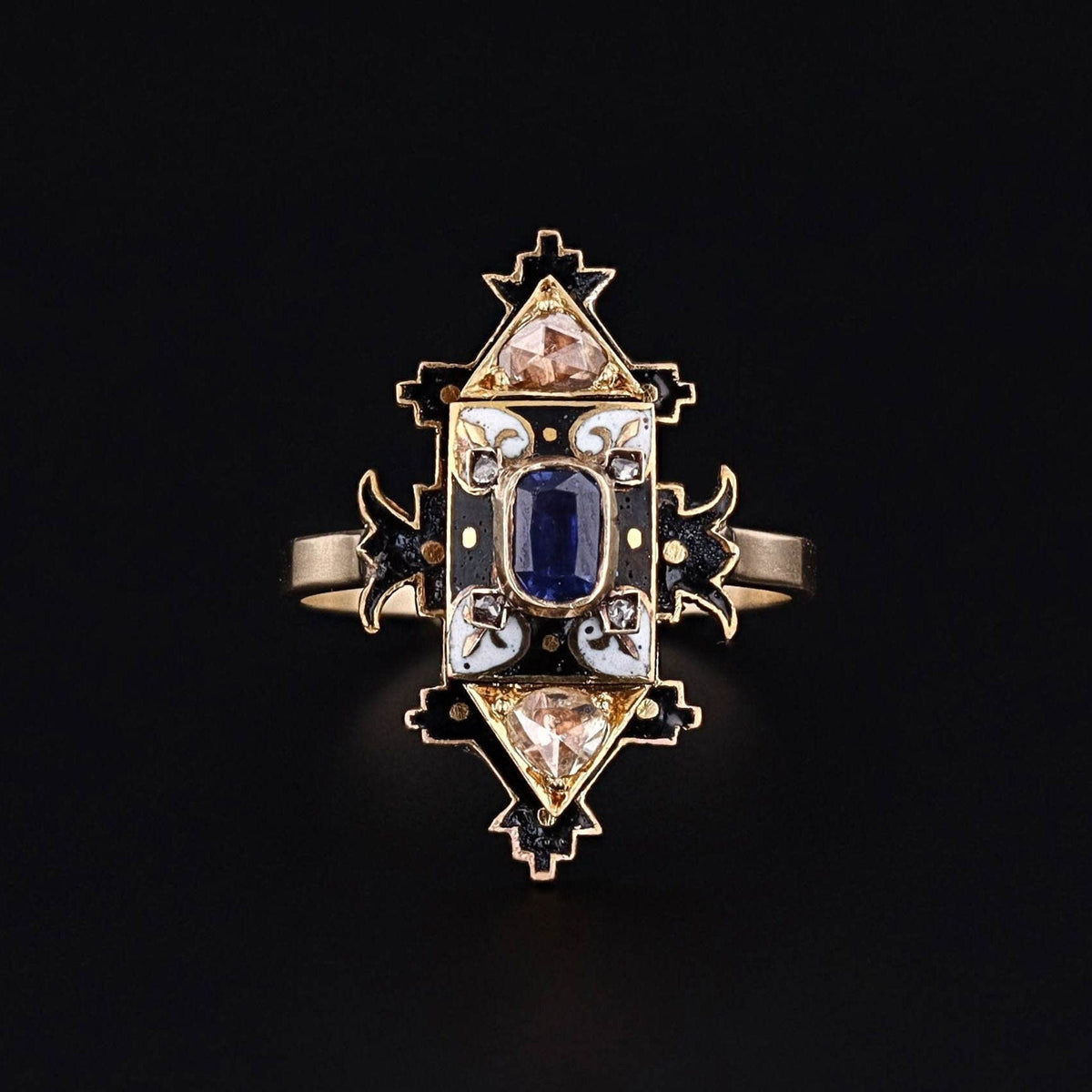 Antique Holbeinesque Sapphire Diamond and Enamel Conversion Ring - Trademark Antiques