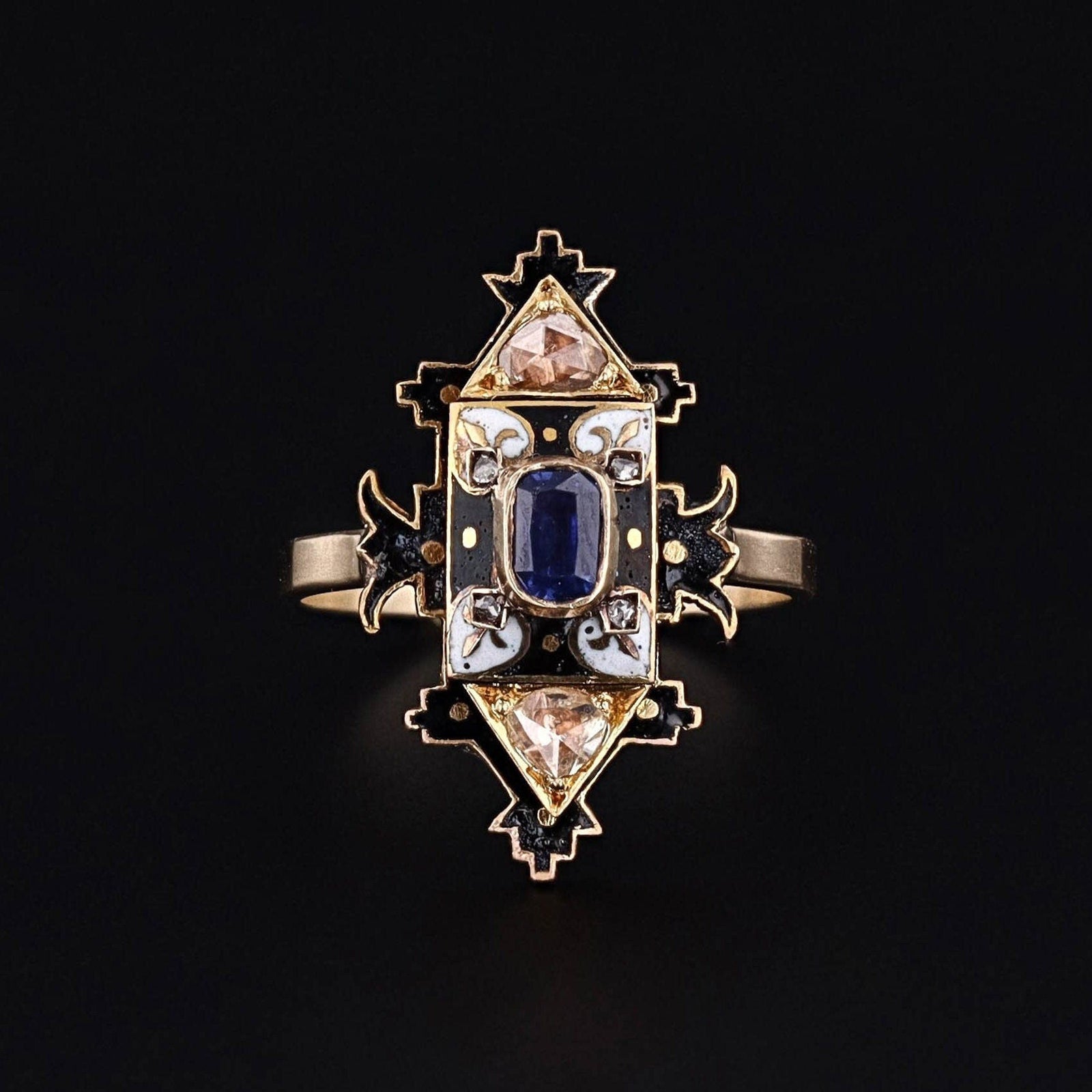Antique Holbeinesque Sapphire Diamond and Enamel Conversion Ring - Trademark Antiques