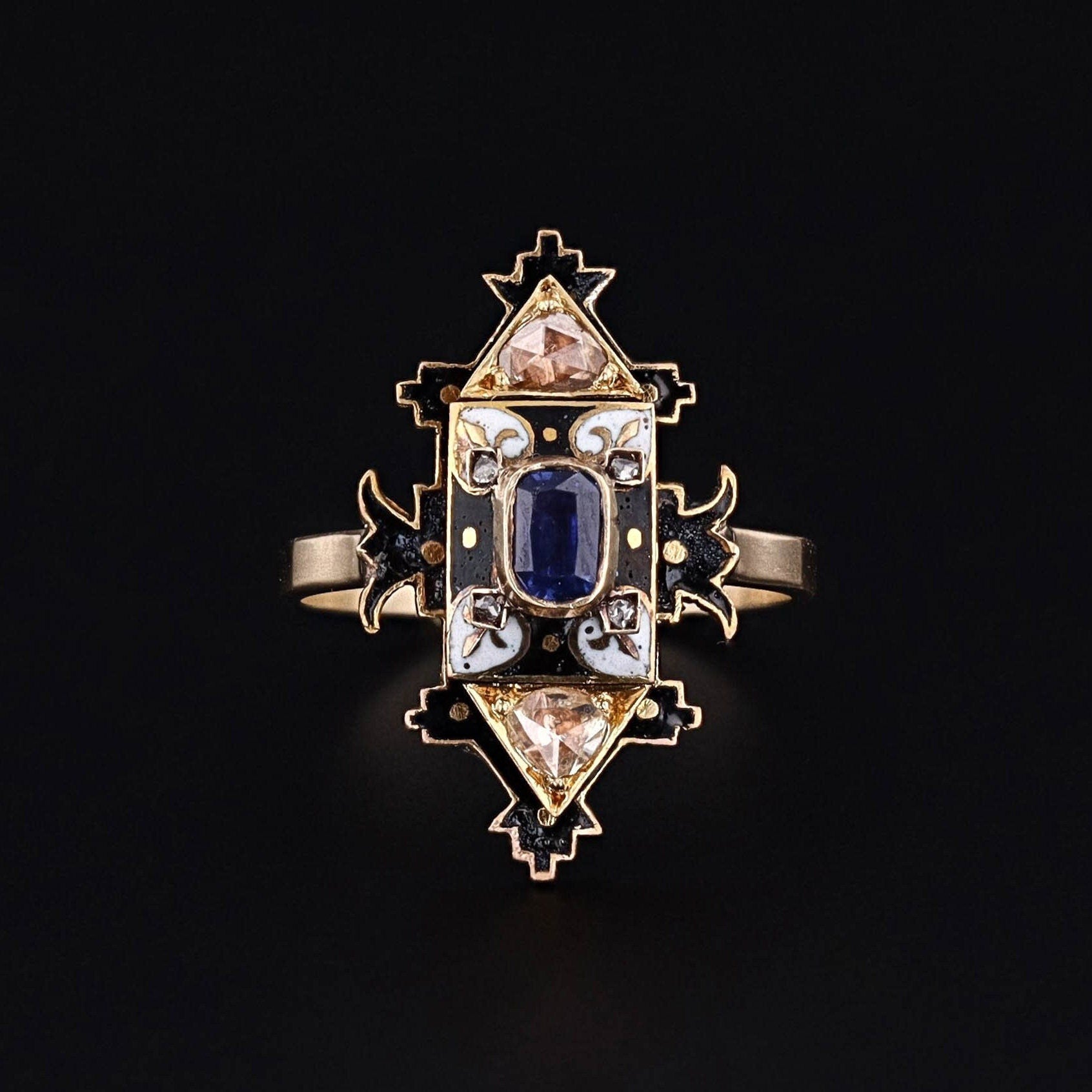 Antique Holbeinesque Sapphire Diamond and Enamel Conversion Ring - Trademark Antiques