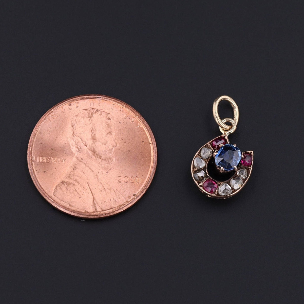 Antique Horseshoe Charm | 10k Gold, Sapphire, Diamond &amp; Ruby Horseshoe Charm - Trademark Antiques