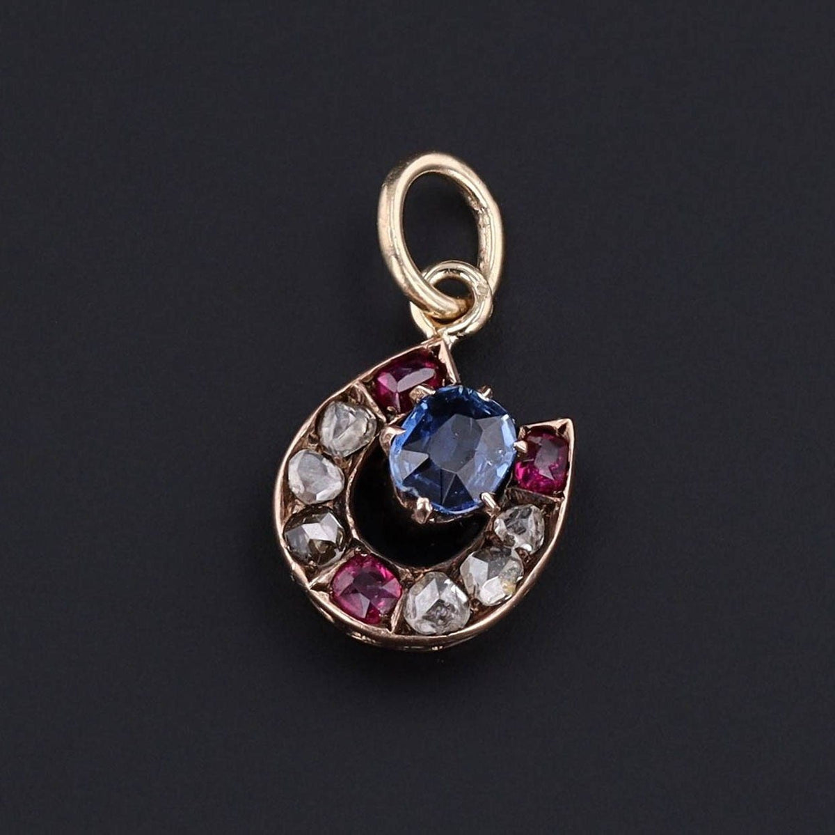 Antique Horseshoe Charm | 10k Gold, Sapphire, Diamond &amp; Ruby Horseshoe Charm - Trademark Antiques