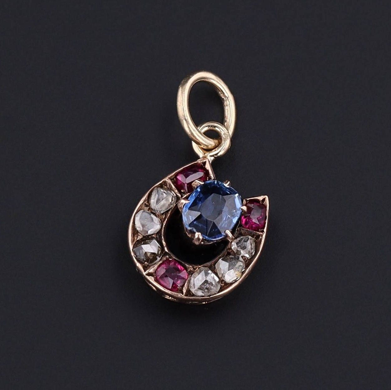 Antique Horseshoe Charm | 10k Gold, Sapphire, Diamond & Ruby Horseshoe Charm - Trademark Antiques