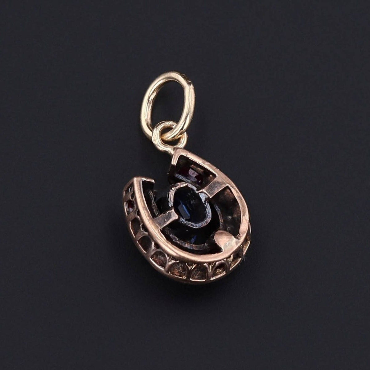 Antique Horseshoe Charm | 10k Gold, Sapphire, Diamond &amp; Ruby Horseshoe Charm - Trademark Antiques