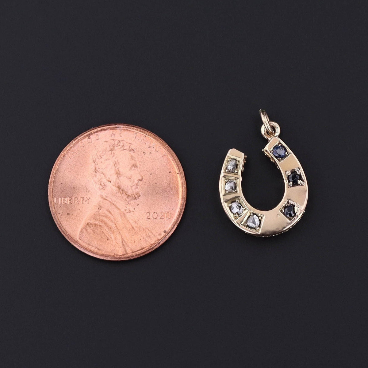Antique Horseshoe Charm | 14k Gold, Sapphire &amp; Diamond Pendant - Trademark Antiques