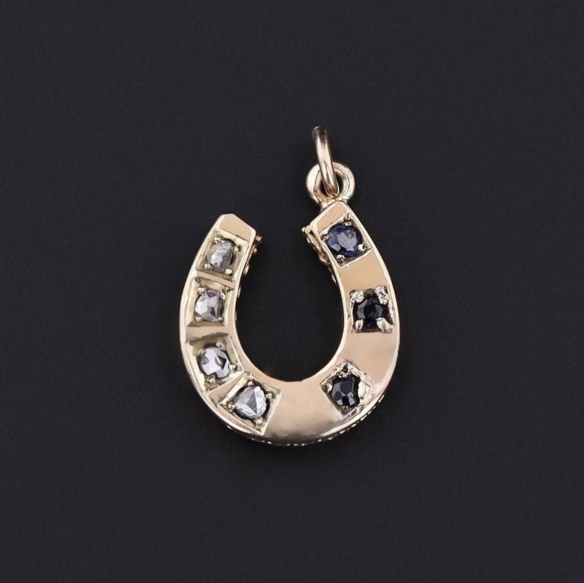 Antique Horseshoe Charm | 14k Gold, Sapphire &amp; Diamond Pendant - Trademark Antiques