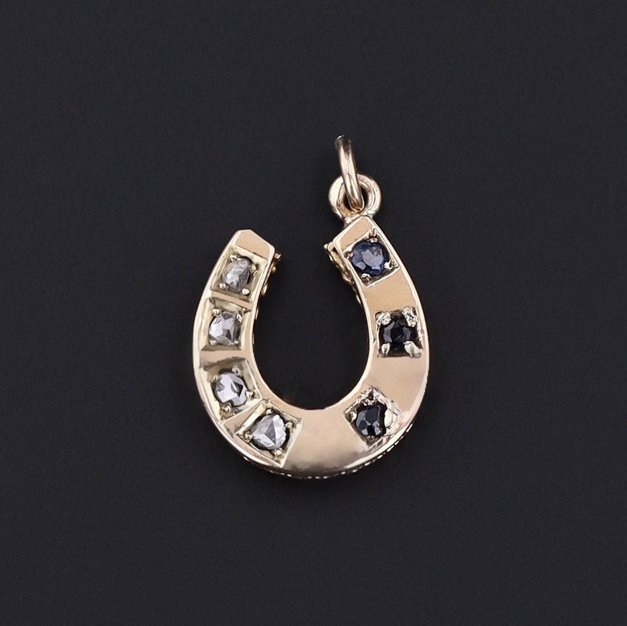 Antique Horseshoe Charm | 14k Gold, Sapphire & Diamond Pendant - Trademark Antiques