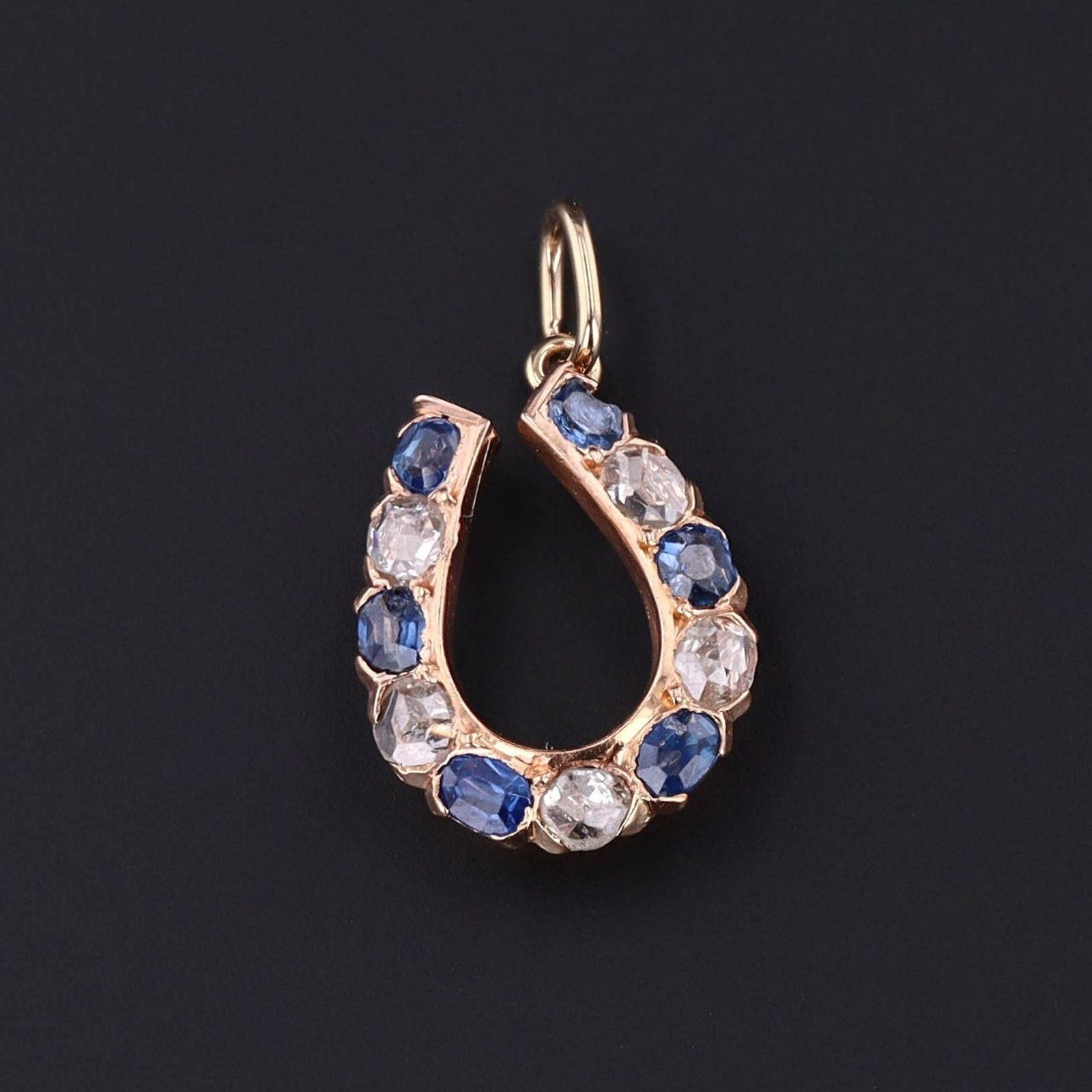 Antique Horseshoe Charm | 14k Rose Gold, Sapphire & Diamond Charm - Trademark Antiques
