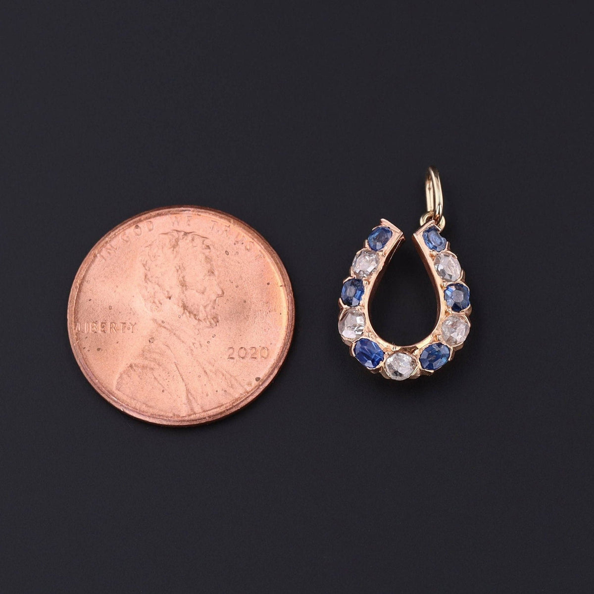 Antique Horseshoe Charm | 14k Rose Gold, Sapphire &amp; Diamond Charm - Trademark Antiques