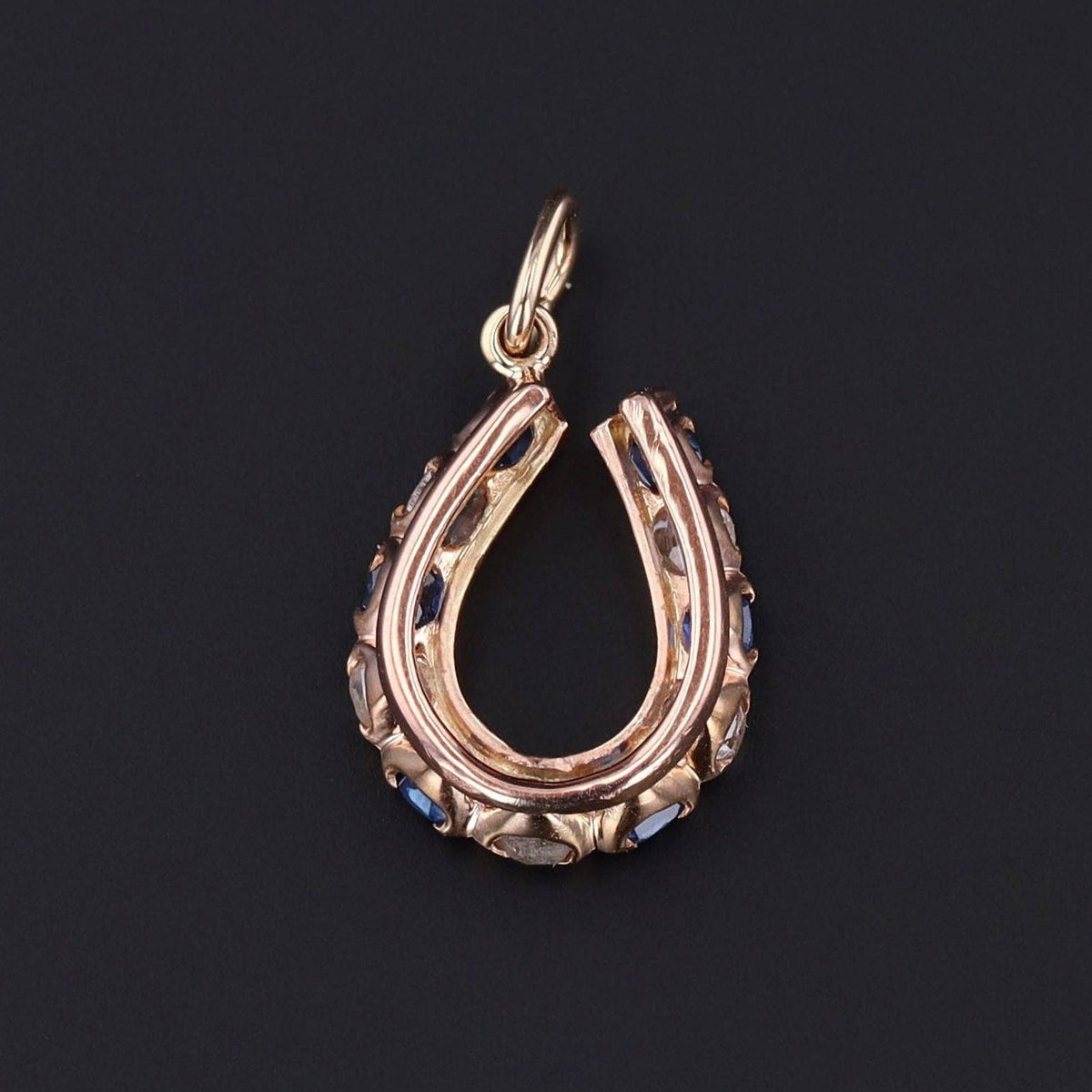 Antique Horseshoe Charm | 14k Rose Gold, Sapphire &amp; Diamond Charm - Trademark Antiques