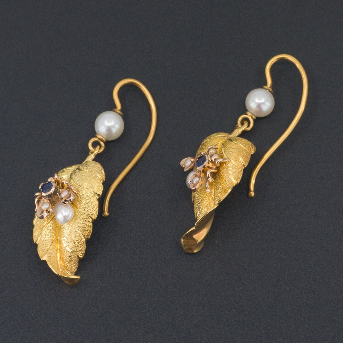 Antique Insect Earrings | 14k Gold Sapphire and Pearl Fly or Bee Earrings - Trademark Antiques