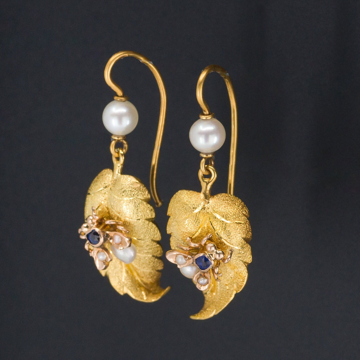 Antique Insect Earrings | 14k Gold Sapphire and Pearl Fly or Bee Earrings - Trademark Antiques