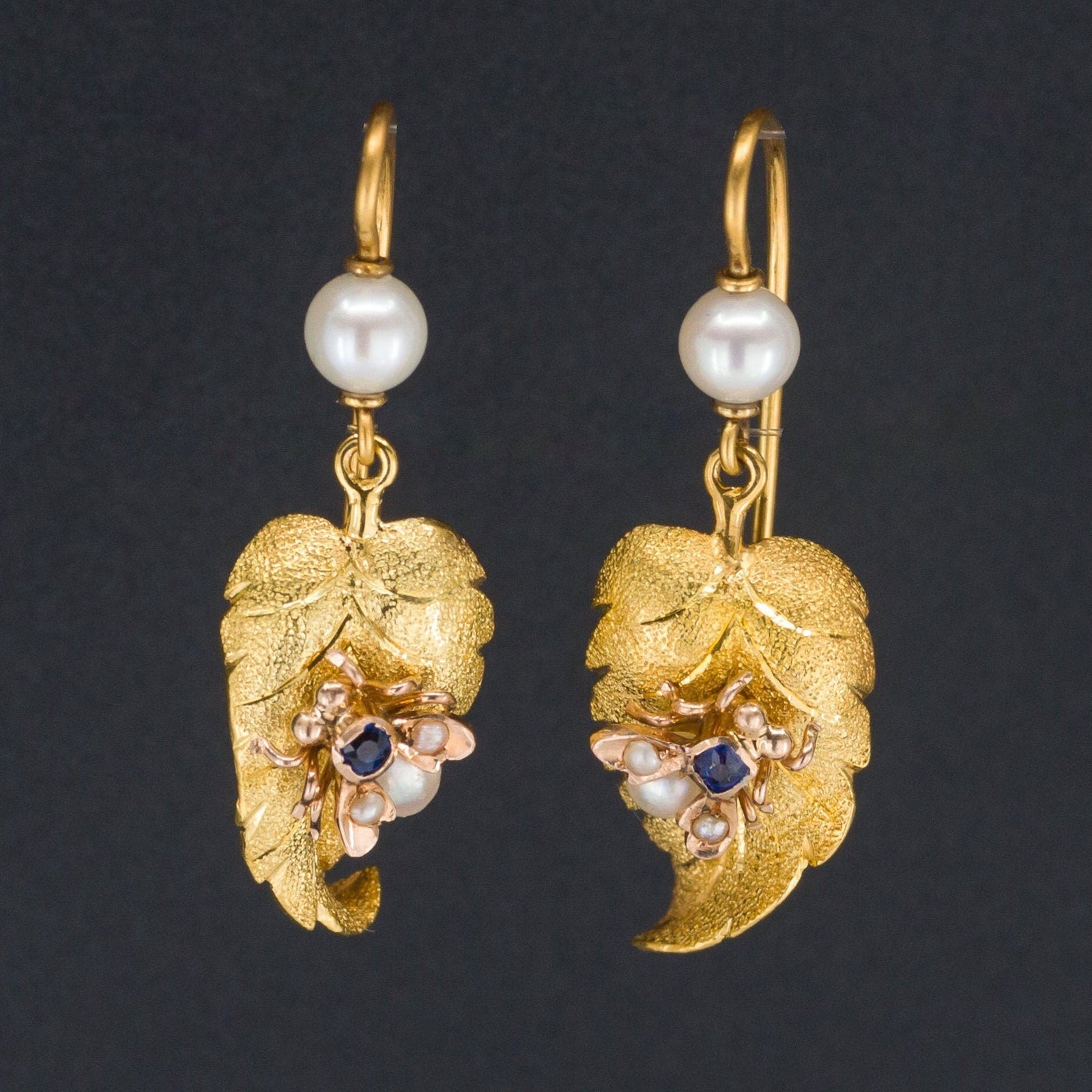 Antique Insect Earrings | 14k Gold Sapphire and Pearl Fly or Bee Earrings - Trademark Antiques