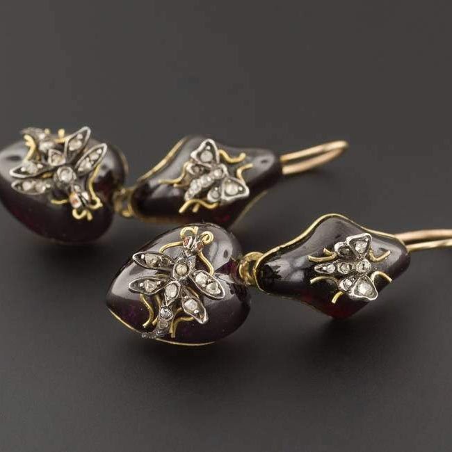 Antique Insect Garnet Earrings | Victorian Garnet &amp; Diamond Bug Earrings - Trademark Antiques