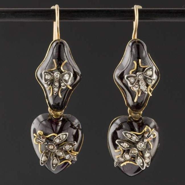 Antique Insect Garnet Earrings | Victorian Garnet &amp; Diamond Bug Earrings - Trademark Antiques