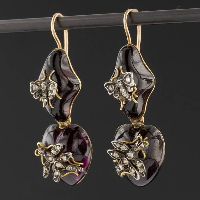 Antique Insect Garnet Earrings | Victorian Garnet &amp; Diamond Bug Earrings - Trademark Antiques